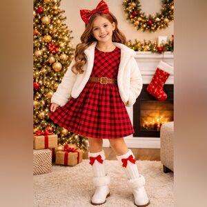 Rare Editions Red Satin-Trim Plaid Dress Label Detail